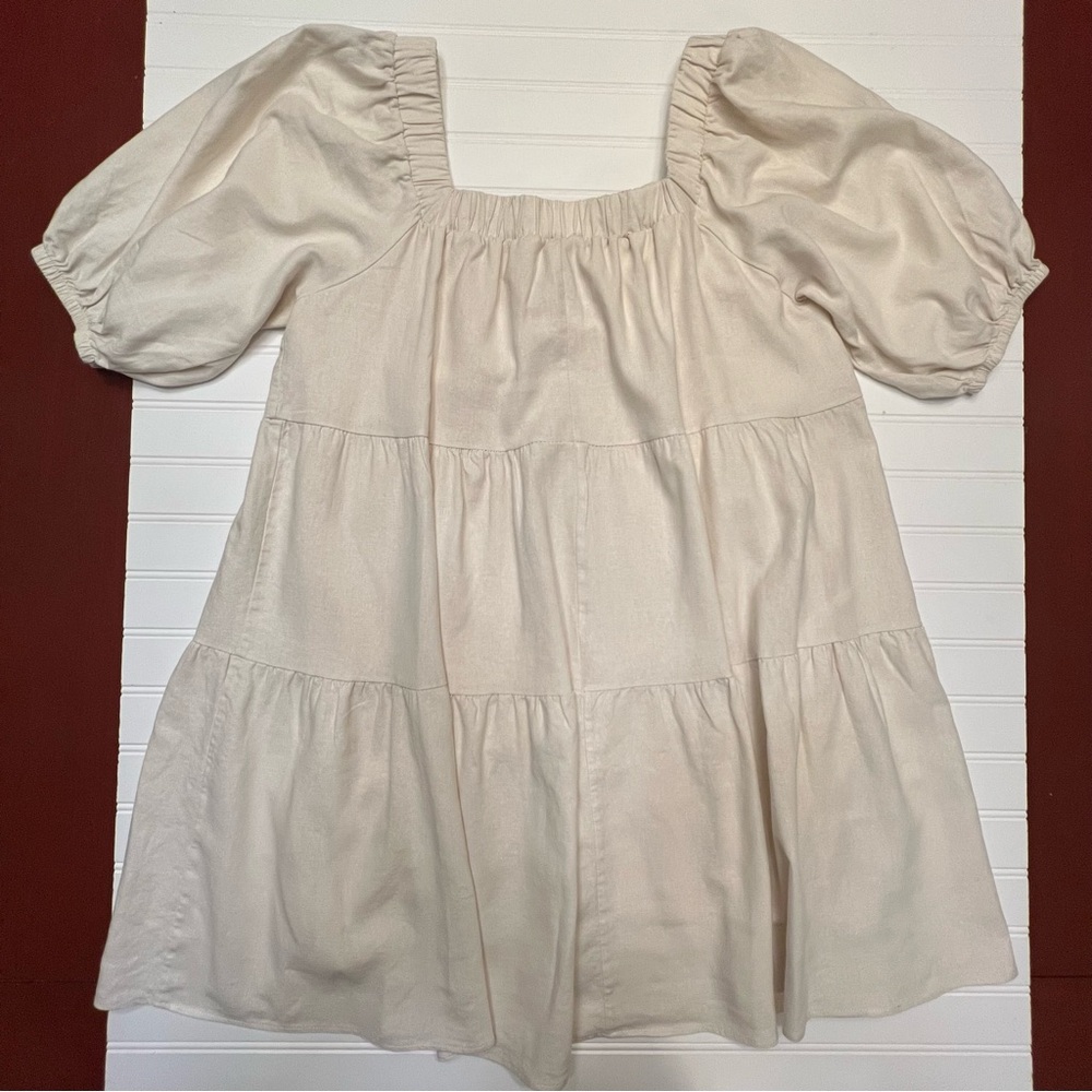 Saints & Hearts Cream Off-Shoulder Puff Sleeve Linen Blend Mini Dress Size L - Picture 11 of 11